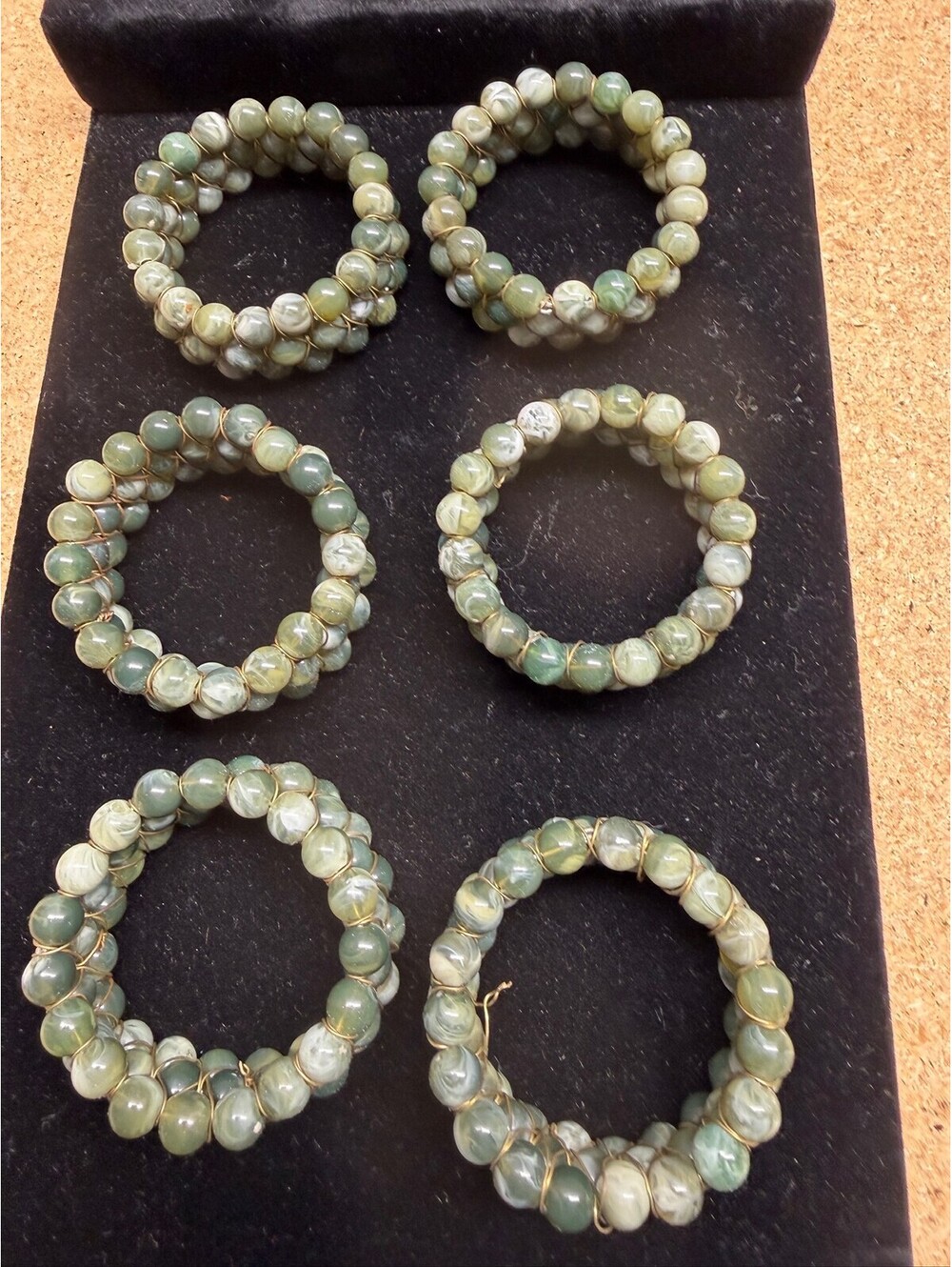 Lot of 6 Green Marbled Wire-Wrapped Bead Bracelets - Storage Location E-5